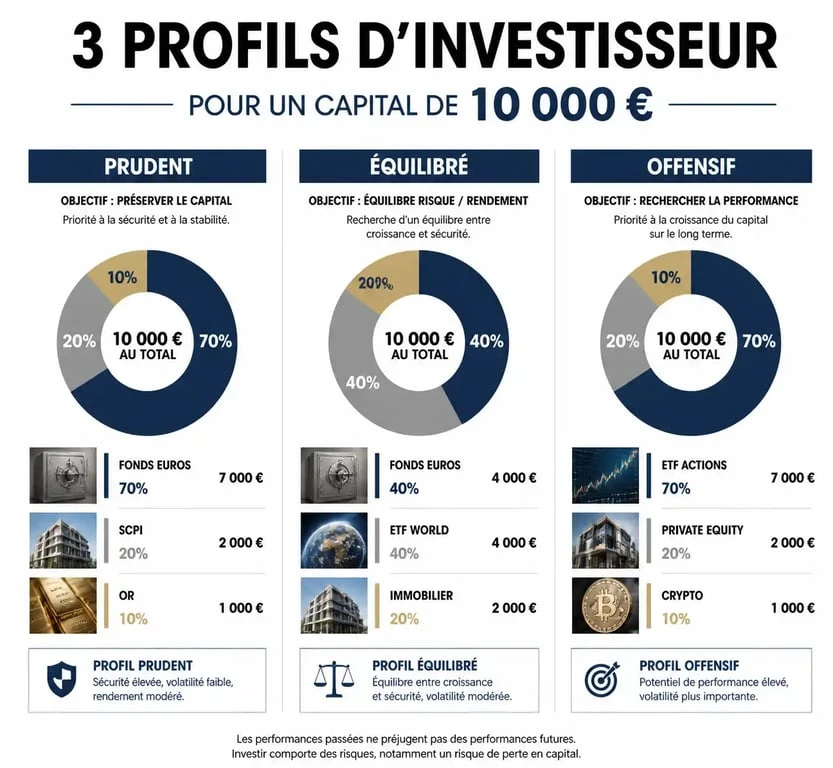 Répartition d'un investissement de 10 000 euros selon trois profils : Prudent, Équilibré et Offensif.