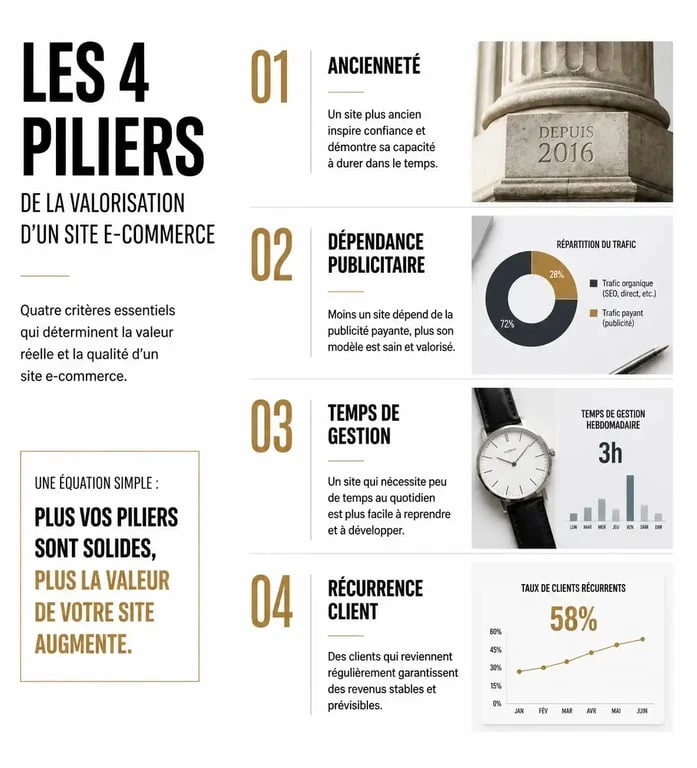 Infographie des critères de valorisation pour acheter un site e-commerce existant