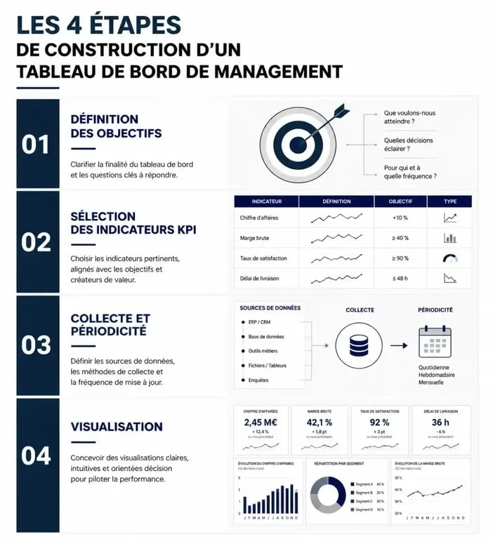 Infographie des 4 étapes pour construire un tableau de bord de management efficace