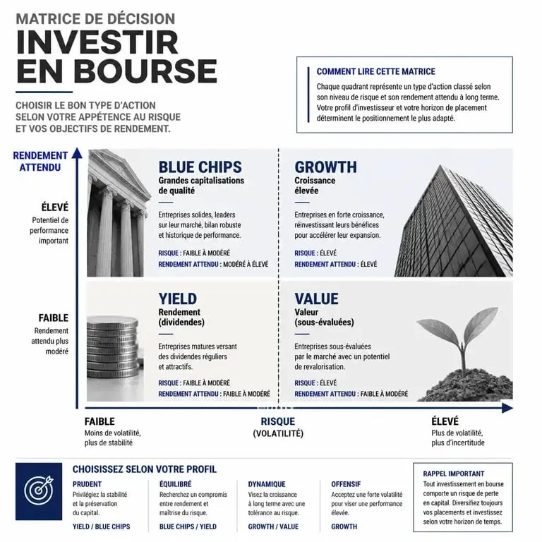 Infographie comparative des types d'actions pour choisir la meilleure action en bourse