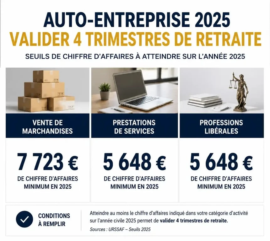 Tableau récapitulatif des seuils de chiffre d'affaires 2025 pour la validation des trimestres de retraite auto-entrepreneur