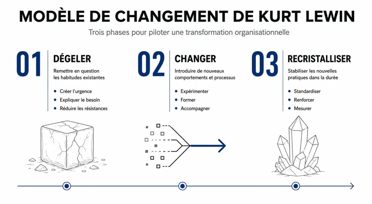 Schéma des trois phases de la conduite du changement selon le modèle de Kurt Lewin
