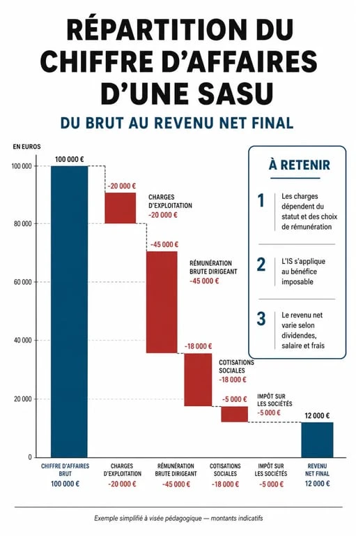 Infographie de simulation de revenu en SASU : répartition du chiffre d'affaires entre charges sociales, impôts et salaire net.