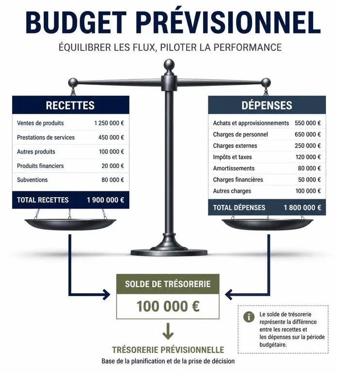 Infographie illustrant la structure d'un exemple de budget prévisionnel pour entreprise