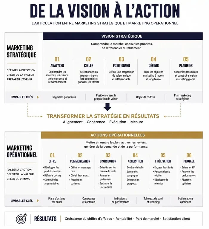 Schéma illustrant l'articulation entre le marketing stratégique et le marketing opérationnel pour une stratégie d'entreprise efficace.