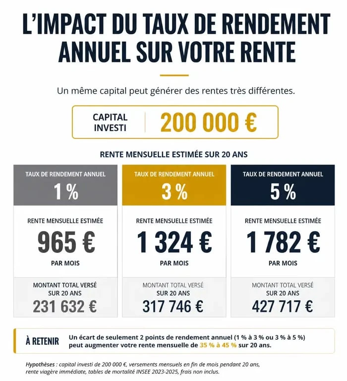 Graphique montrant l'impact du rendement sur la simulation de placement avec rente mensuelle