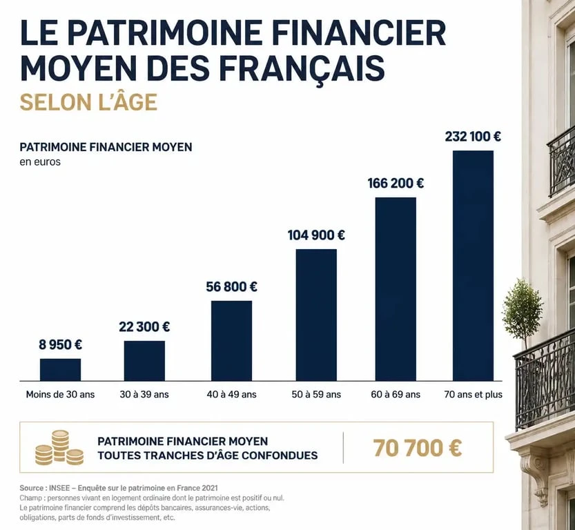 Graphique illustrant l'épargne moyenne en France par tranche d'âge, montrant l'évolution du patrimoine financier.