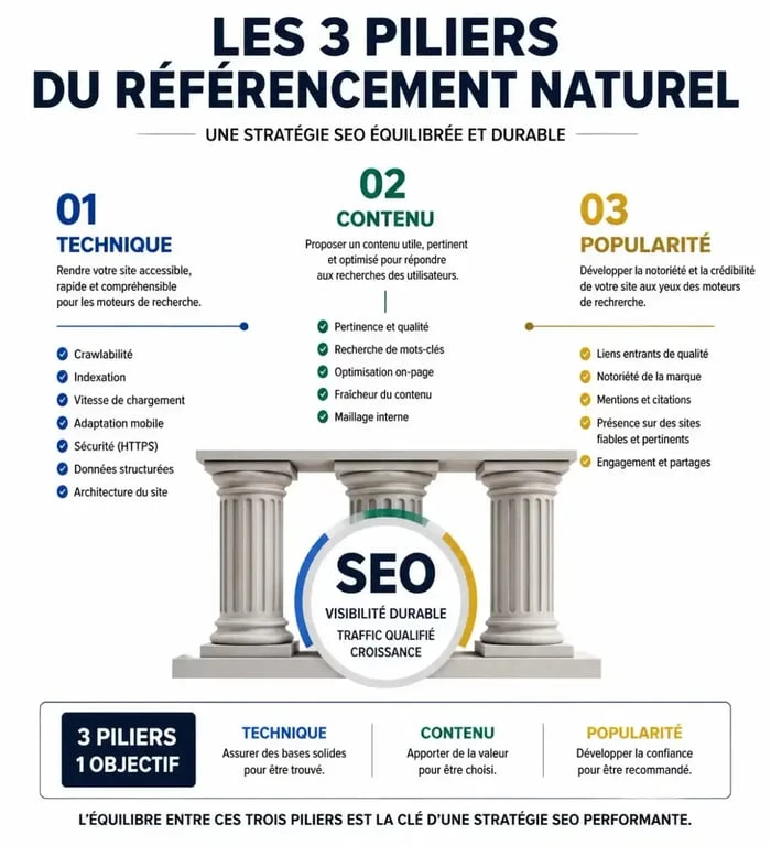 Les trois piliers du référencement naturel SEO : technique, contenu et popularité