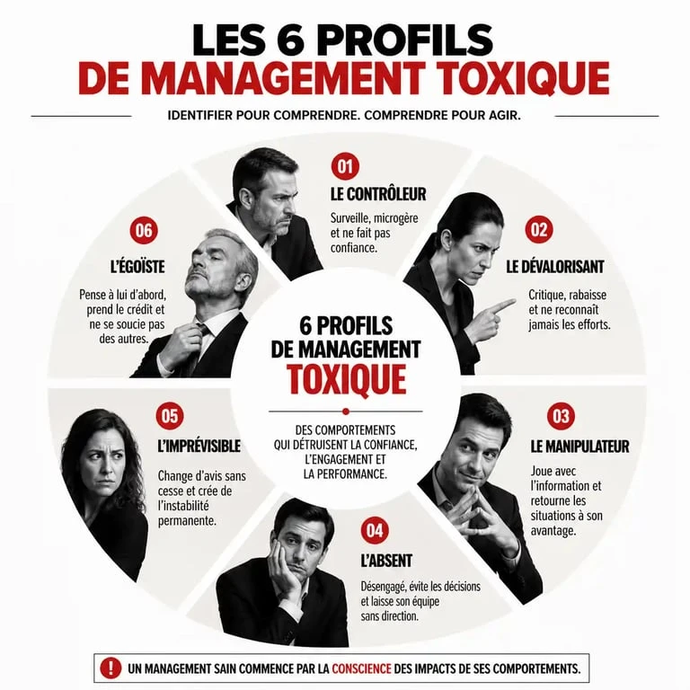 Infographie des 6 profils de management toxique pour identifier les comportements au travail