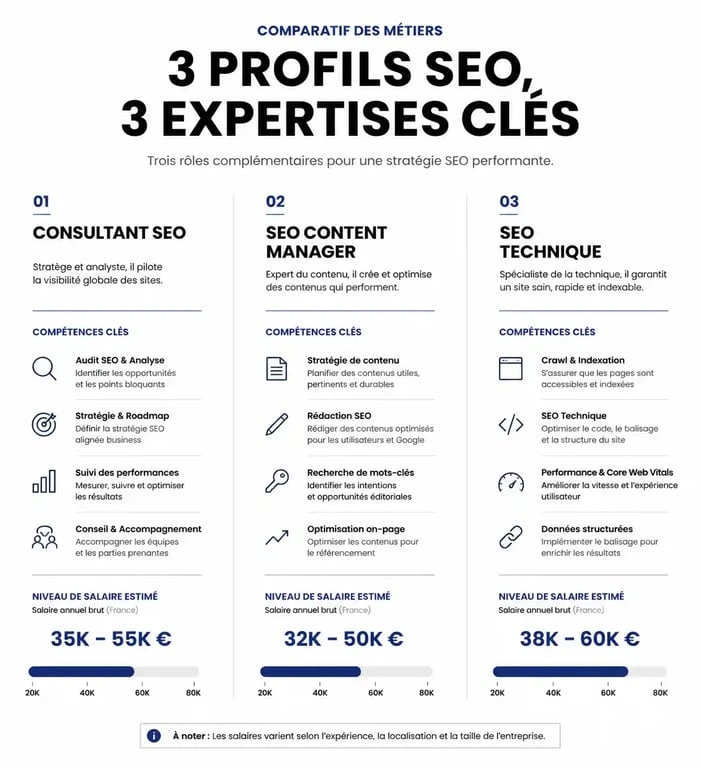 Infographie comparative des métiers et salaires dans l'emploi SEO : Consultant, Content Manager et SEO Technique.