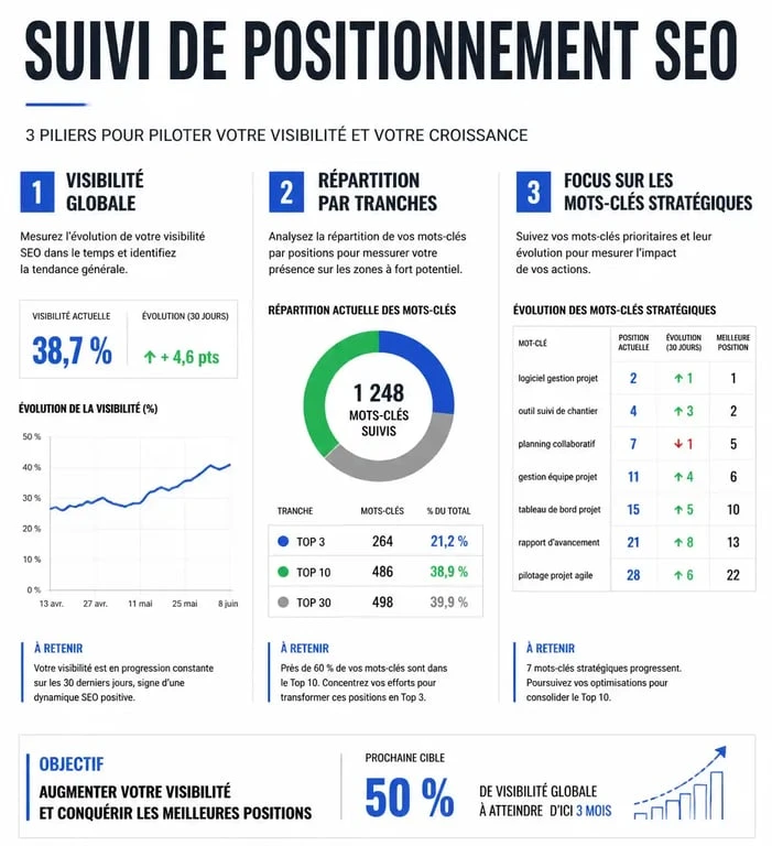 Infographie des 3 piliers pour un suivi de positionnement site web efficace