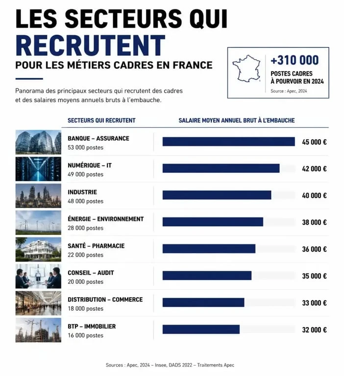 Infographie sur les secteurs qui recrutent pour les métiers cadres et les salaires moyens