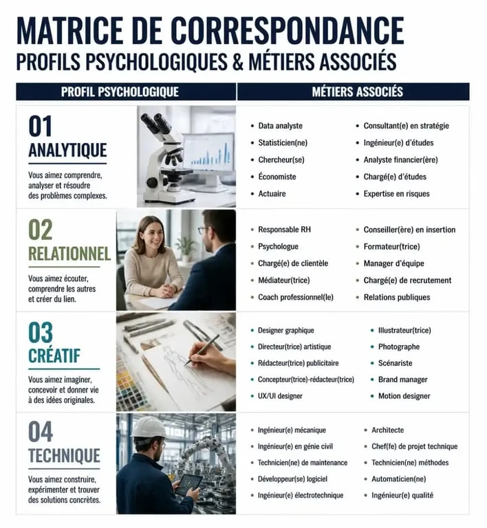 Infographie des profils professionnels et métiers associés pour répondre à la question quel métier est fait pour moi