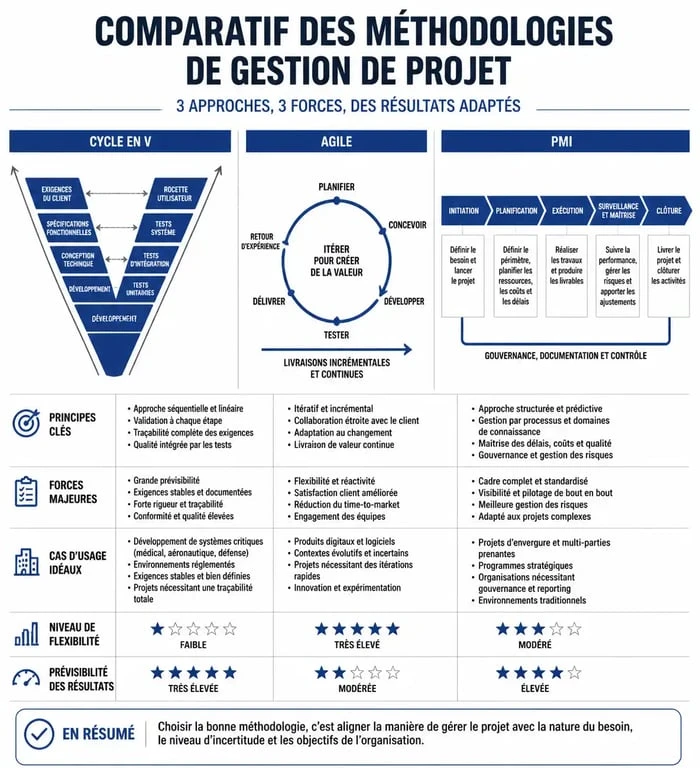 Infographie comparative des méthodologies de gestion de projet : Cycle en V, Agile et PMI pour la chefferie de projet