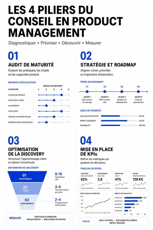 Infographie des missions clés du conseil en product management pour les entreprises