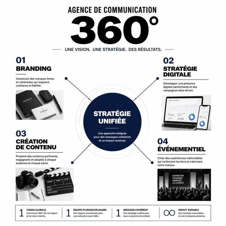 Infographie illustrant les piliers d'une agence de communication 360 pour une stratégie marketing globale