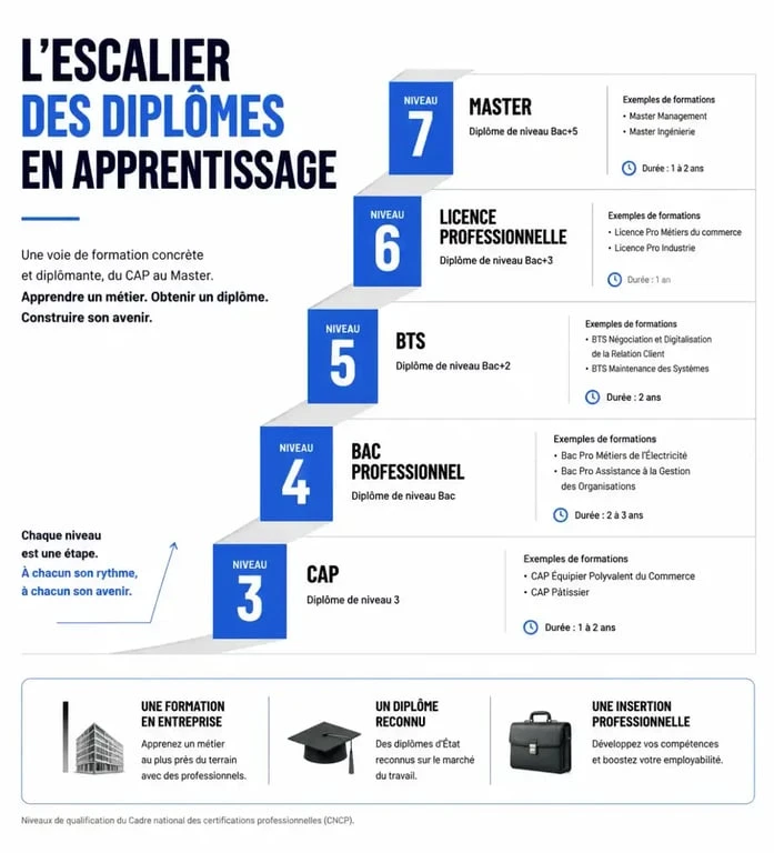 Infographie des diplômes accessibles en apprentissage : du CAP au Master pour les métiers en apprentissage.