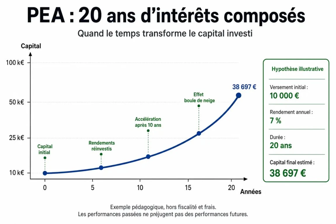 Graphique illustrant l'évolution du rendement d'un plan épargne action rendement sur 20 ans