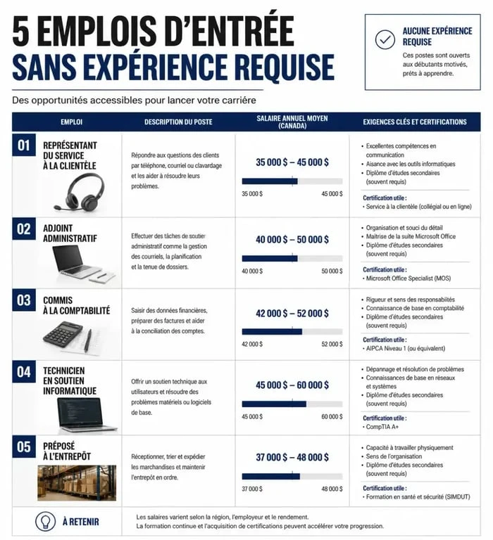 Infographie comparative des emplois bien payés sans expérience avec salaires et prérequis