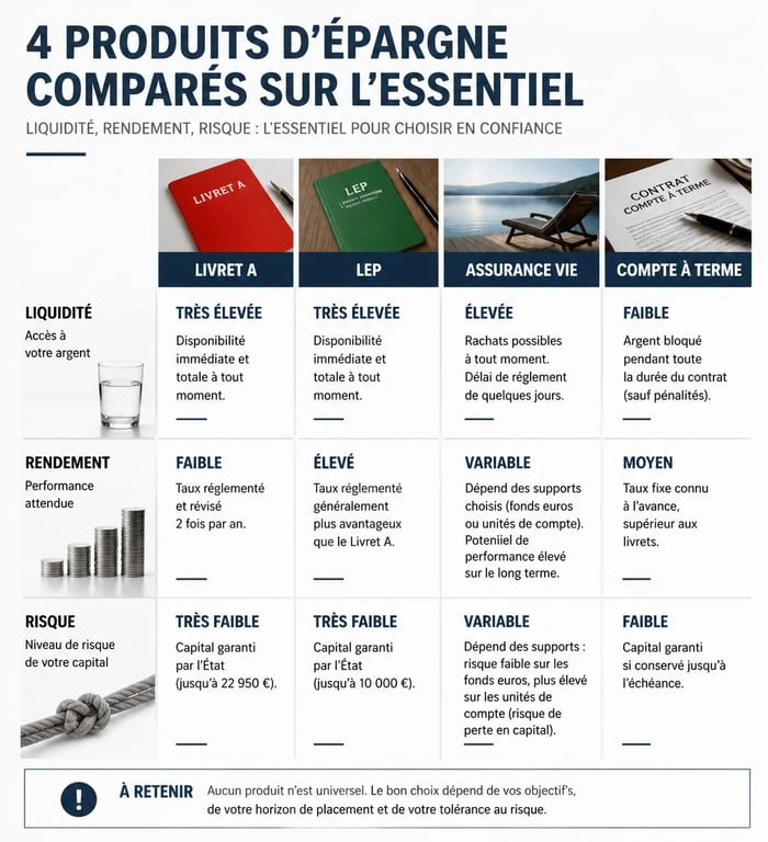 Infographie comparative des meilleurs placements bancaires pour placer son argent : Livret A, LEP, Assurance Vie et Compte à Terme.