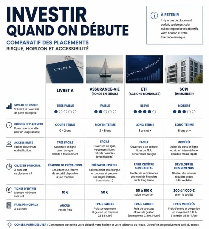 Infographie comparative des supports d'investissement pour les nuls : risque, horizon et accessibilité