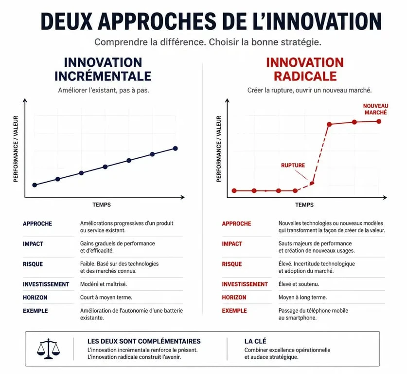 Infographie comparative entre innovation radicale et innovation incrémentale pour comprendre les enjeux stratégiques.
