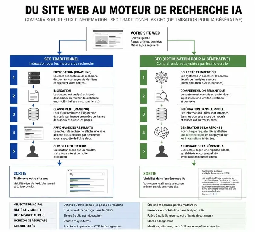 Schéma comparatif entre le SEO traditionnel et le référencement ChatGPT (GEO)