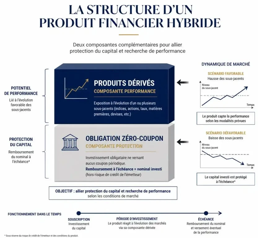 Schéma explicatif de la définition produits structurés et de leur fonctionnement financier