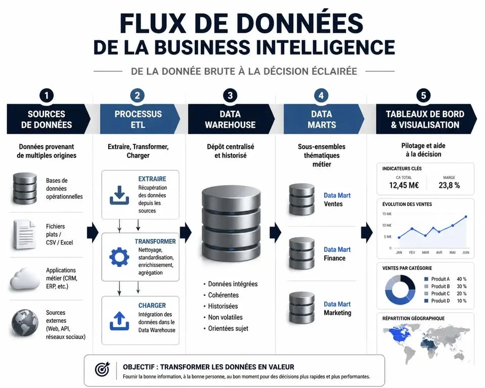 Schéma du processus de Business Intelligence : de la collecte des données brutes à la visualisation décisionnelle