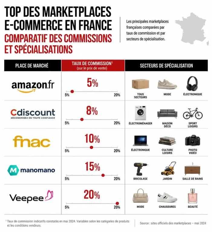 Infographie comparative des meilleures marketplaces en France : taux de commission et positionnement stratégique