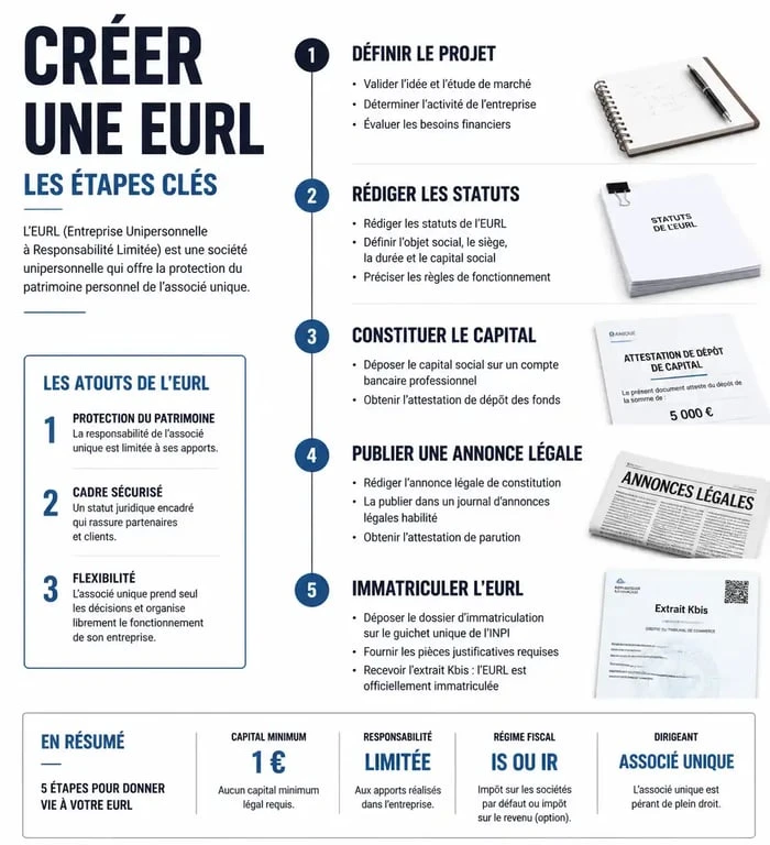 Infographie des étapes de création d'une EURL pour les entrepreneurs
