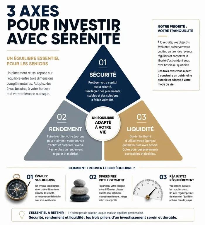 Infographie comparative des meilleurs placements pour seniors : sécurité, rendement et liquidité