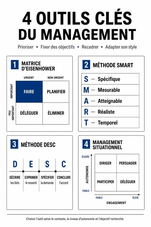 Infographie des outils fondamentaux du management : SMART, Eisenhower, DESC et management situationnel