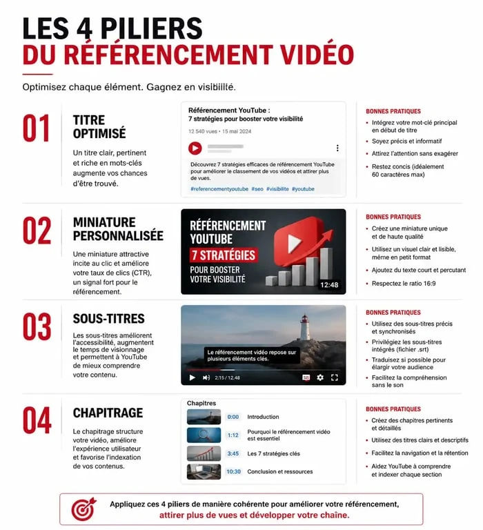 Infographie des piliers du référencement vidéo pour améliorer la visibilité sur YouTube et Google