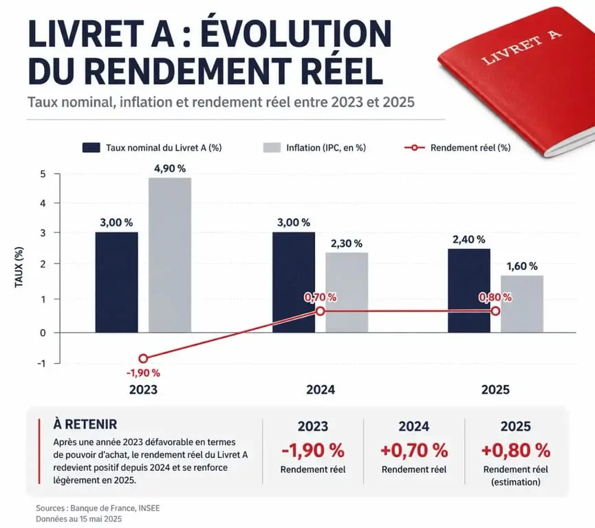 Graphique montrant l'évolution du rendement réel du Livret A face à l'inflation entre 2023 et 2025