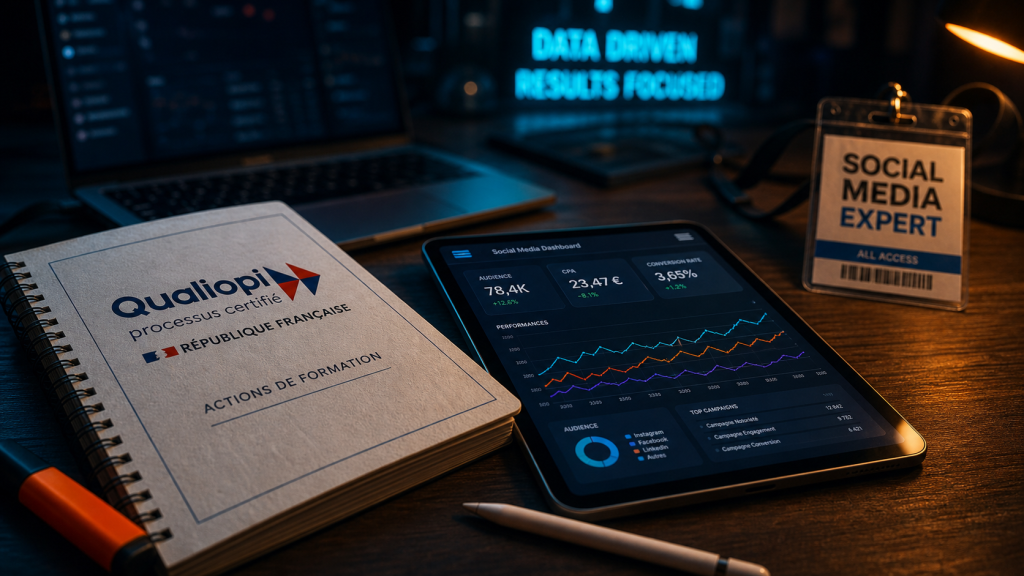 Formation social media CPF : carnet Qualiopi et dashboard KPI