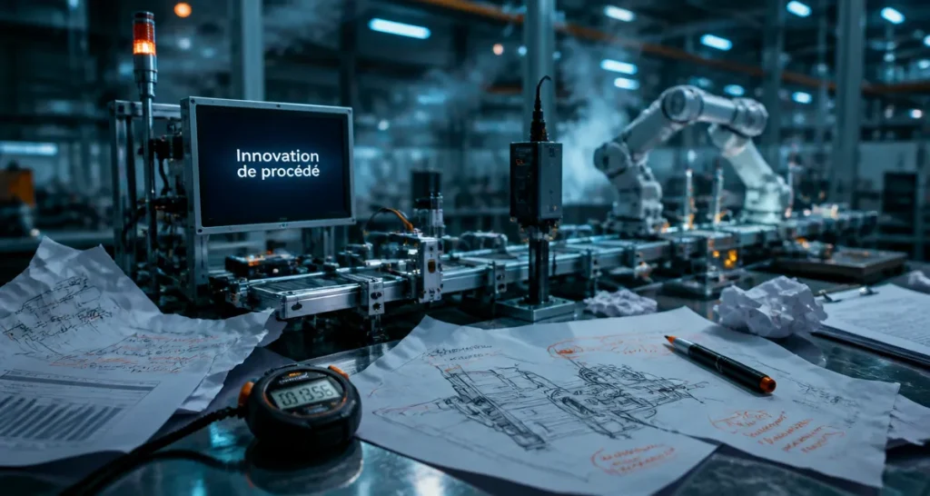 Innovation de procédé : chaîne de production avec capteurs IoT et optimisation du cycle.