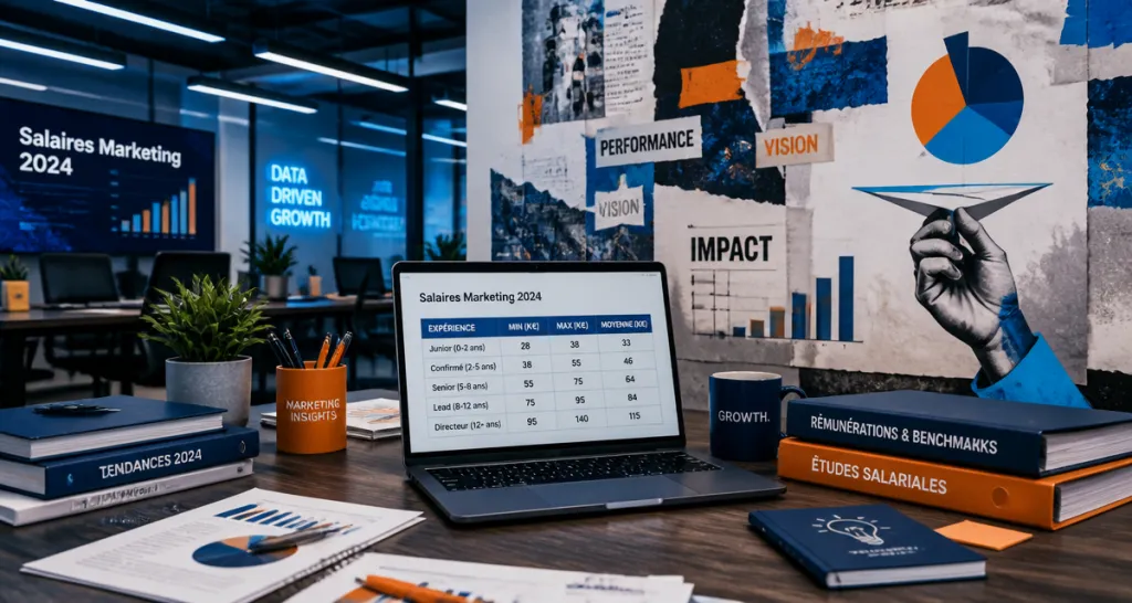 Les métiers du marketing les mieux payés, open space moderne et salaires 2024