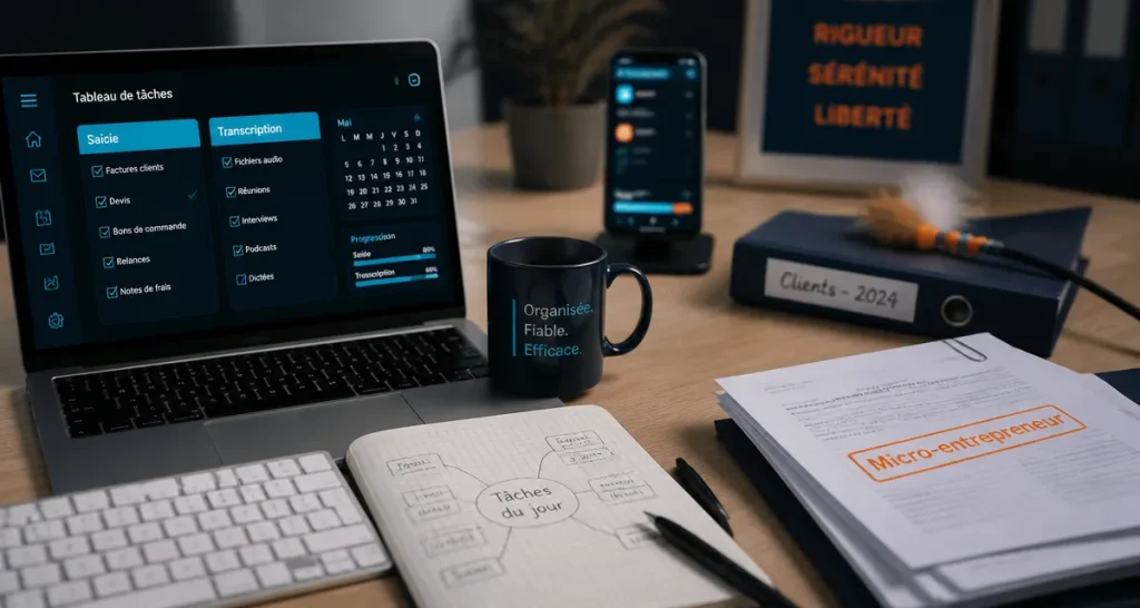 Metier a domicile sans diplome : micro-entrepreneur au bureau, ordinateur et documents