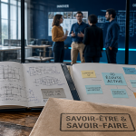 Savoir être et savoir faire en entreprise, illustration dossiers et collègues