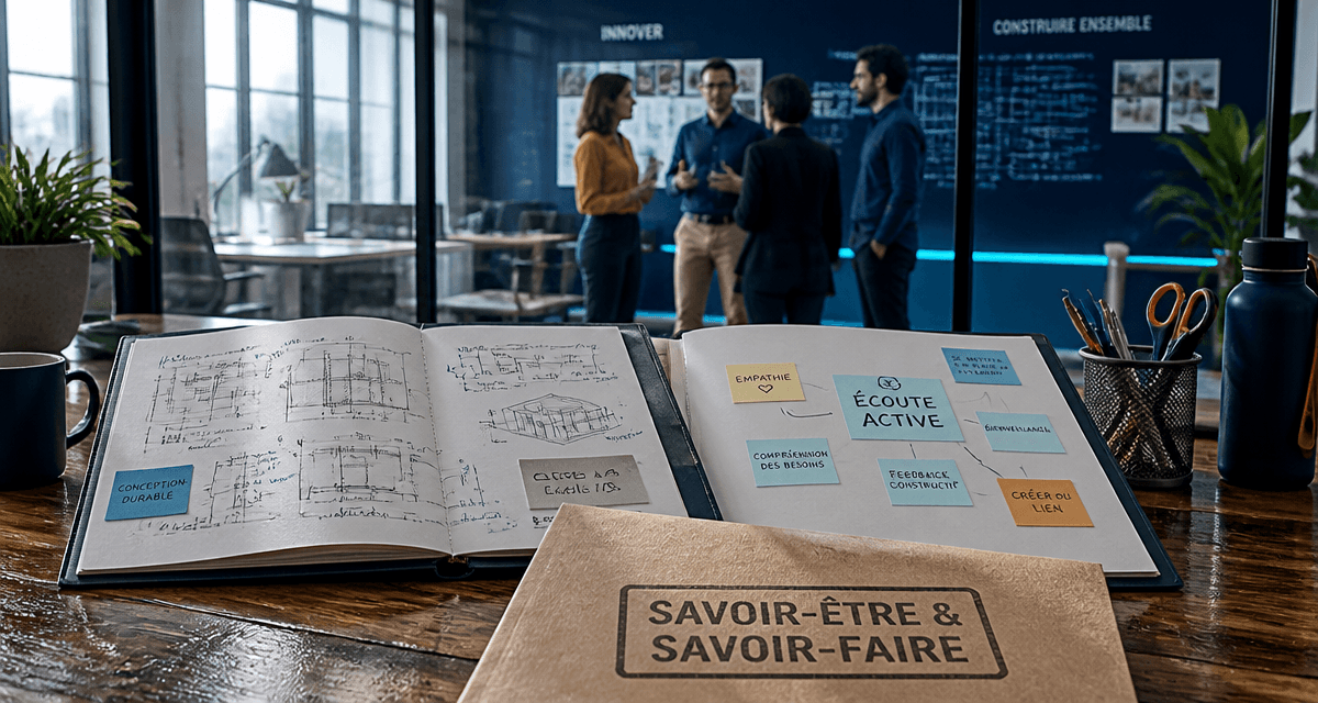 Savoir être et savoir faire en entreprise, illustration dossiers et collègues