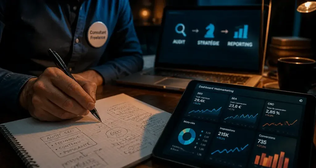 Webmarketing freelance : audit SEO SEA CRO sur dashboard