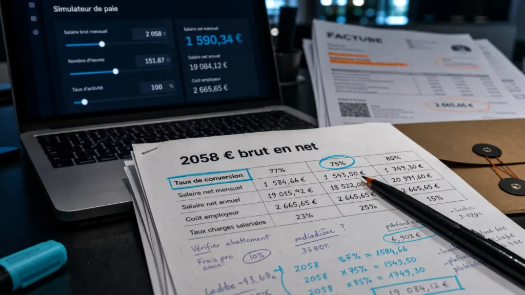 2058 € brut en net : 1585 €, 1544 € ou 1749 € selon le statut