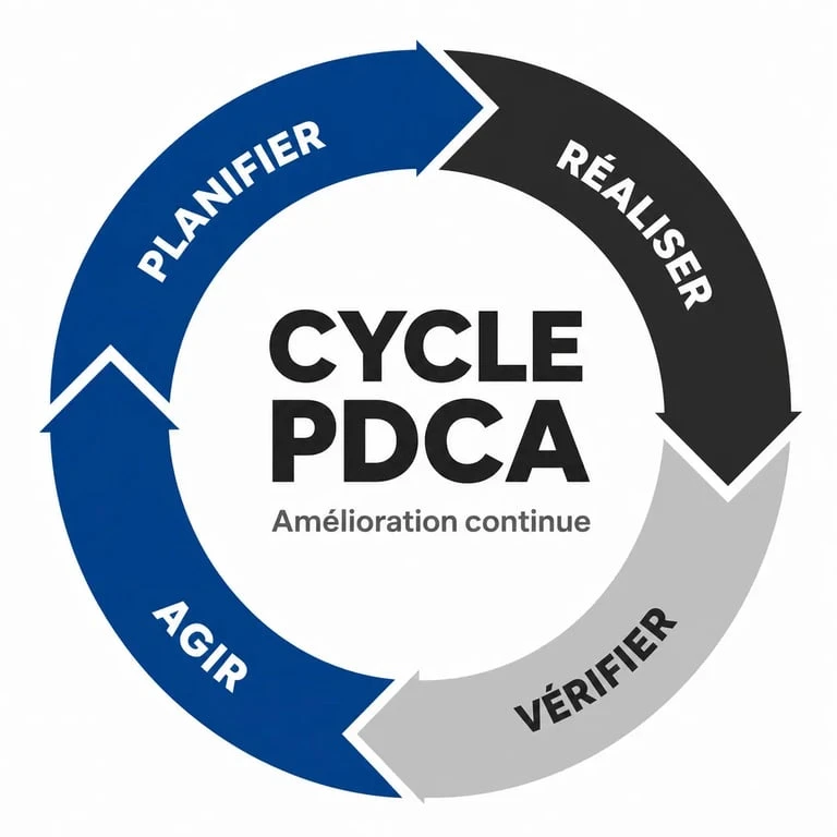 Schéma illustrant la roue de Deming et les quatre étapes du cycle PDCA pour l'amélioration continue.