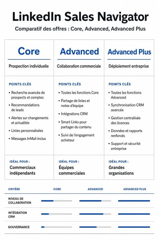 Comparatif des offres LinkedIn Sales Navigator : Core, Advanced et Advanced Plus pour la prospection B2B