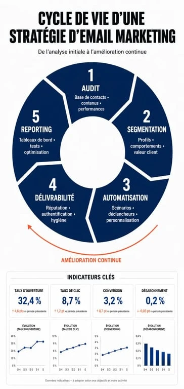 Schéma du cycle de vie d'une stratégie d'email marketing par une agence emailing marketing