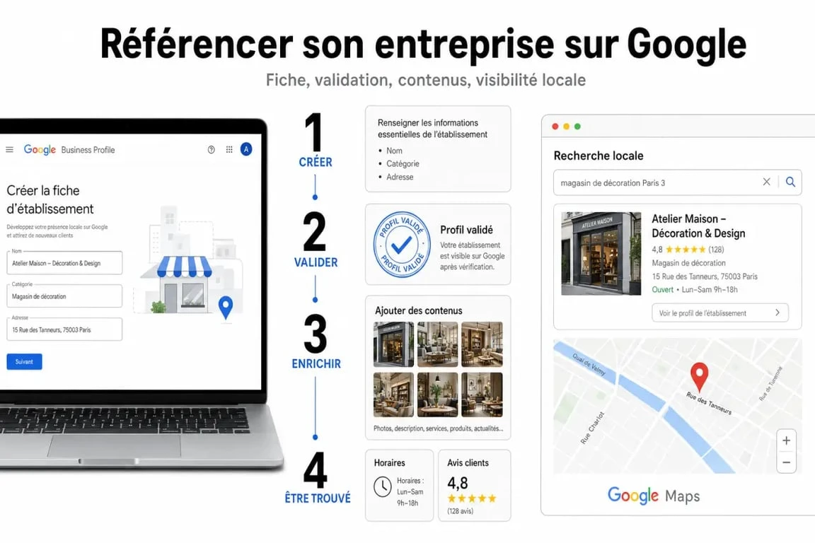 Référencer son entreprise sur Google avec une illustration des étapes de création et d’optimisation d’une fiche Google Business Profile