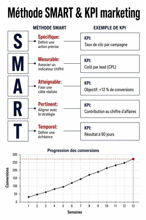 Infographie illustrant la méthode SMART et les indicateurs marketing pour définir un objectif marketing efficace