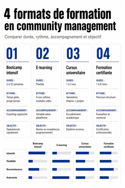 Infographie comparative des différents formats de formation en community management