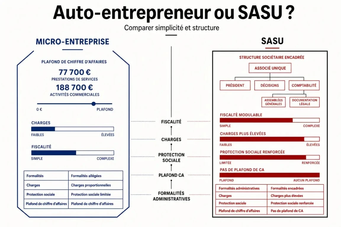 Comparaison auto entrepreneur ou sasu avec tableau visuel des différences juridiques, fiscales et sociales